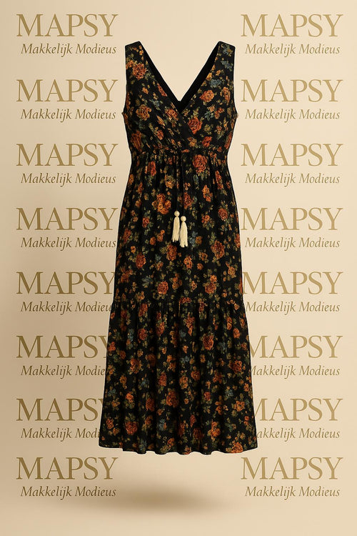 Zwarte Maxi Jurk met Bloemenprint – Sensations Paris | Mouwloos One Size Zomerjurk - Mapsy B.V