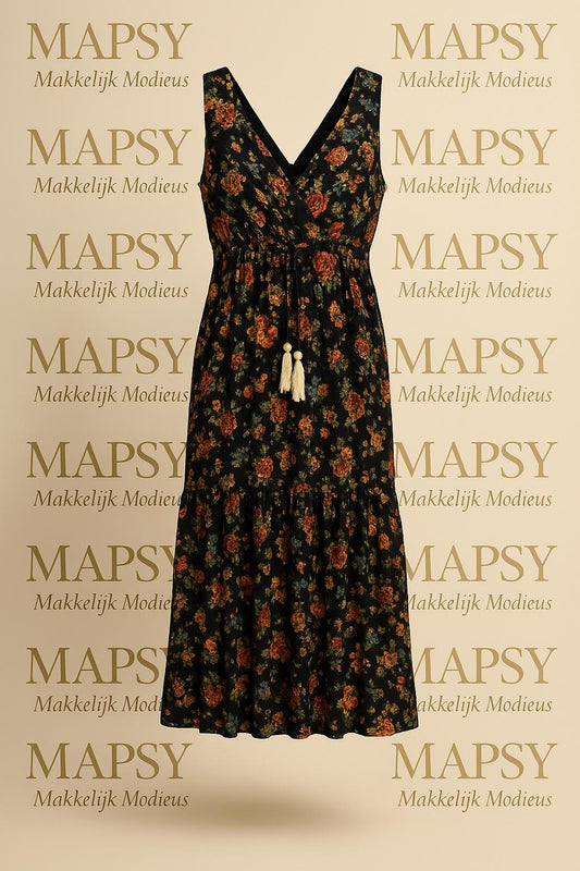 Zwarte Maxi Jurk met Bloemenprint – Sensations Paris | Mouwloos One Size Zomerjurk - Mapsy B.V