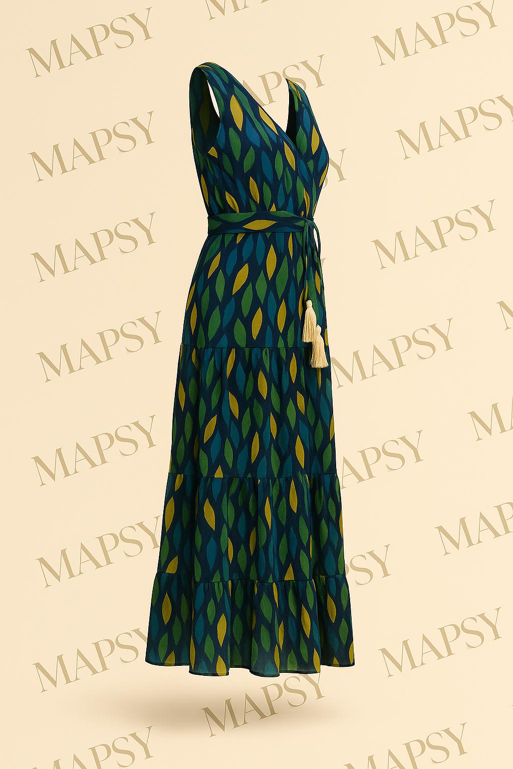 Maxi Jurk Groen-Blauw Print – Sensations Paris | Mouwloos One Size met Voering - Mapsy B.V