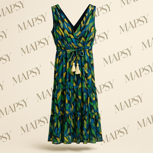 Maxi Jurk Groen-Blauw Print – Sensations Paris | Mouwloos One Size met Voering - Mapsy B.V