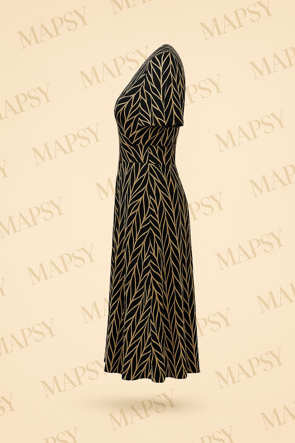 Maxi Dress Midnight Leaf – Jimi Fei Paris | Elegante Bladerprint in Zwart-Creme - Mapsy B.V