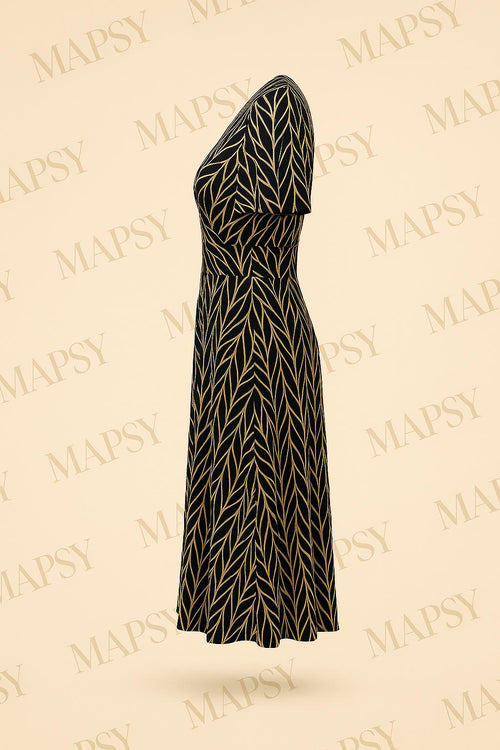 Maxi Dress Midnight Leaf – Jimi Fei Paris | Elegante Bladerprint in Zwart-Creme - Mapsy B.V