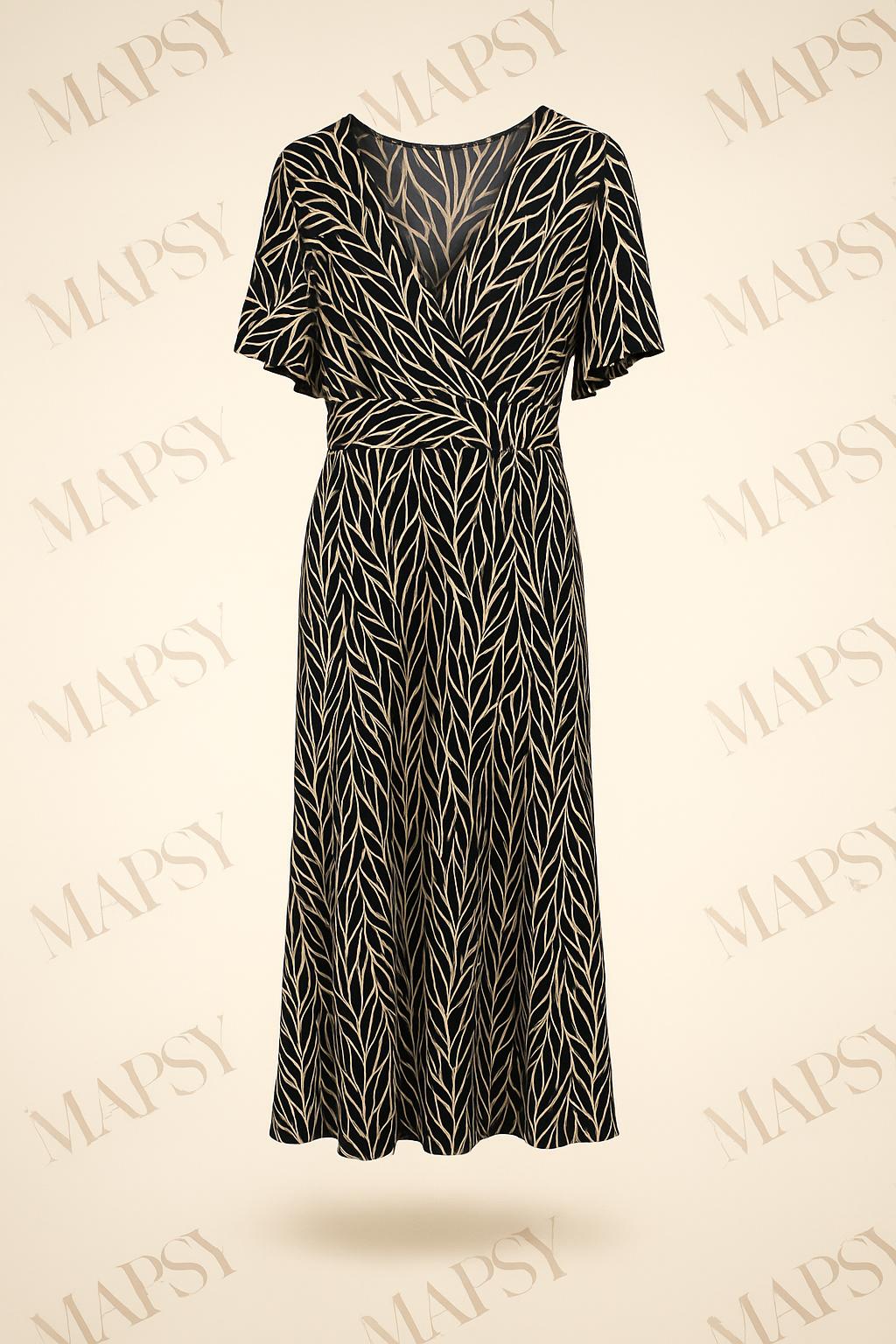 Maxi Dress Midnight Leaf – Jimi Fei Paris | Elegante Bladerprint in Zwart-Creme - Mapsy B.V