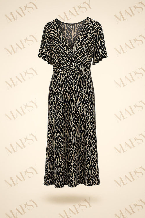 Maxi Dress Midnight Leaf – Jimi Fei Paris | Elegante Bladerprint in Zwart-Creme - Mapsy B.V