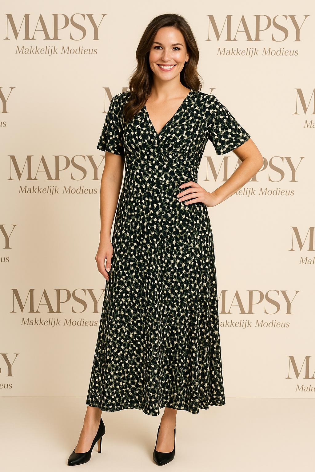 Maxi Dress Forest Dot – Jimi Fei Paris | Zwart-Groen met Abstracte Print - Mapsy B.V