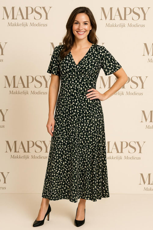 Maxi Dress Forest Dot – Jimi Fei Paris | Zwart-Groen met Abstracte Print - Mapsy B.V