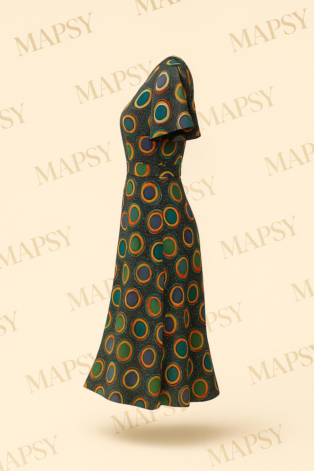 Maxi Dress Saturn Orbit – Jimi Fei Paris | Speelse Kleurenexplosie in Kreukvrije Stretchstof - Mapsy B.V