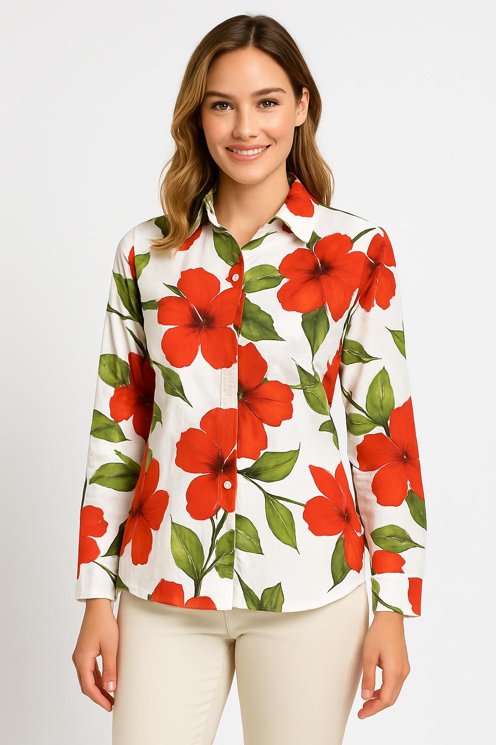 Sophyline Damesblouse – Hibiscusprint – 100% Katoen – Ademend & Fris – Lange Mouw – S t/m XL