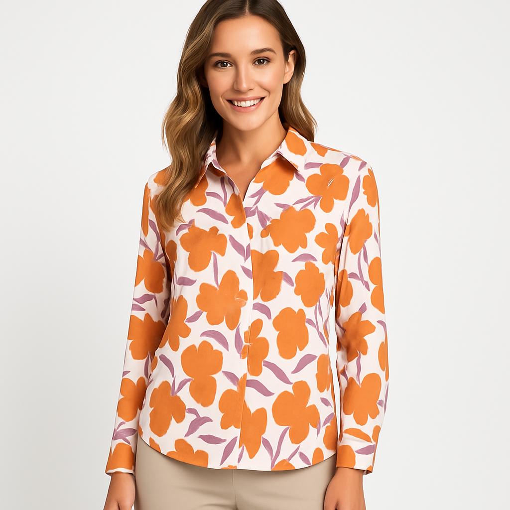 🌸 SOPHYLINE Blouse Lange Mouw – Oranje & Lila Bloemenprint – 100% Katoen – Frisse Voorjaarslook – Maten S t/m XL