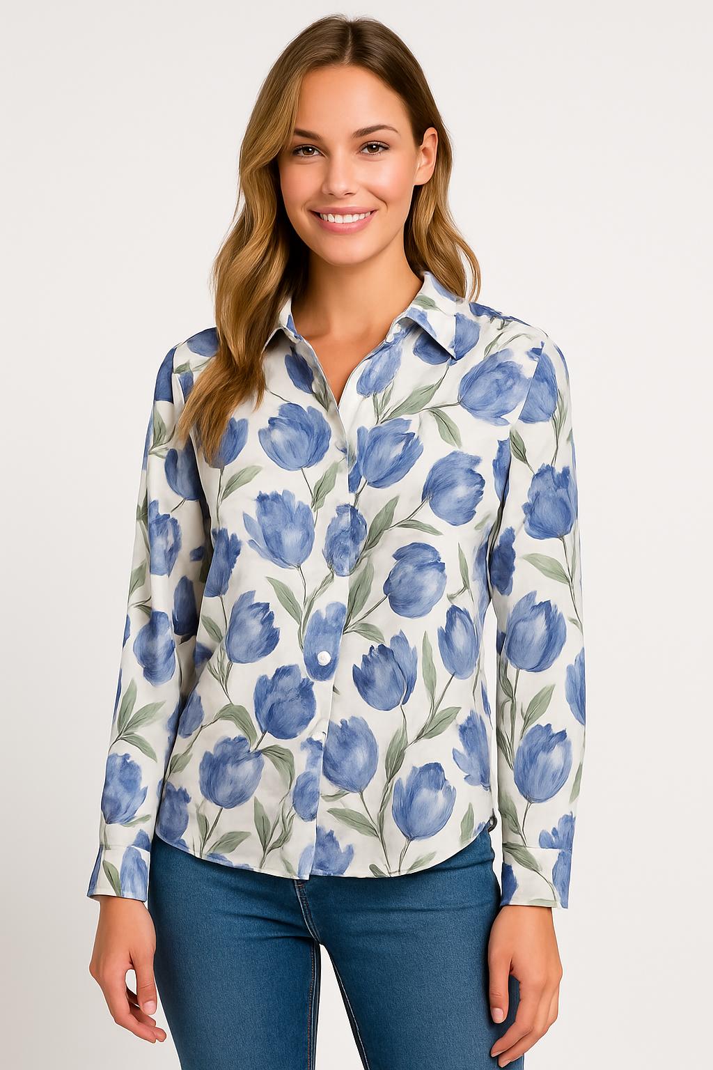 🌷 SOPHYLINE Blouse Lange Mouw – Blauwe Tulp Print – 100% Katoen – Tijdloos & Fris – Maten S t/m XL