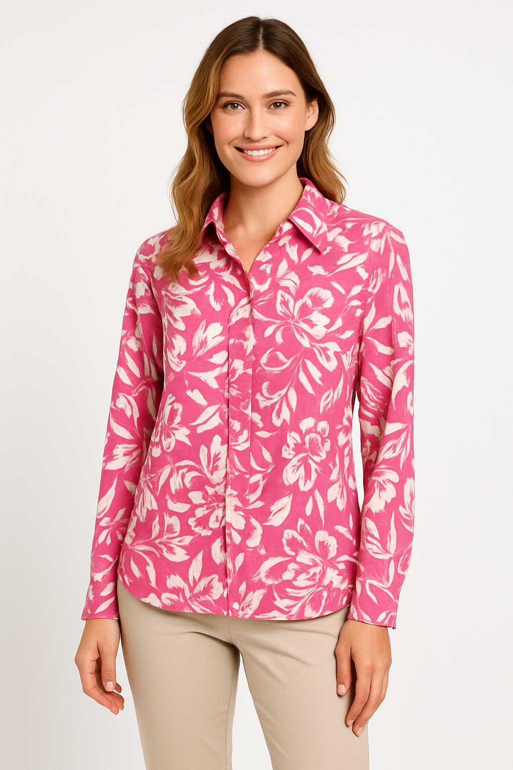 🌹 SOPHYLINE Blouse Lange Mouw – Fuchsia Rozenprint – 100% Katoen – Frivool & Vrouwelijk – Maten S t/m XL