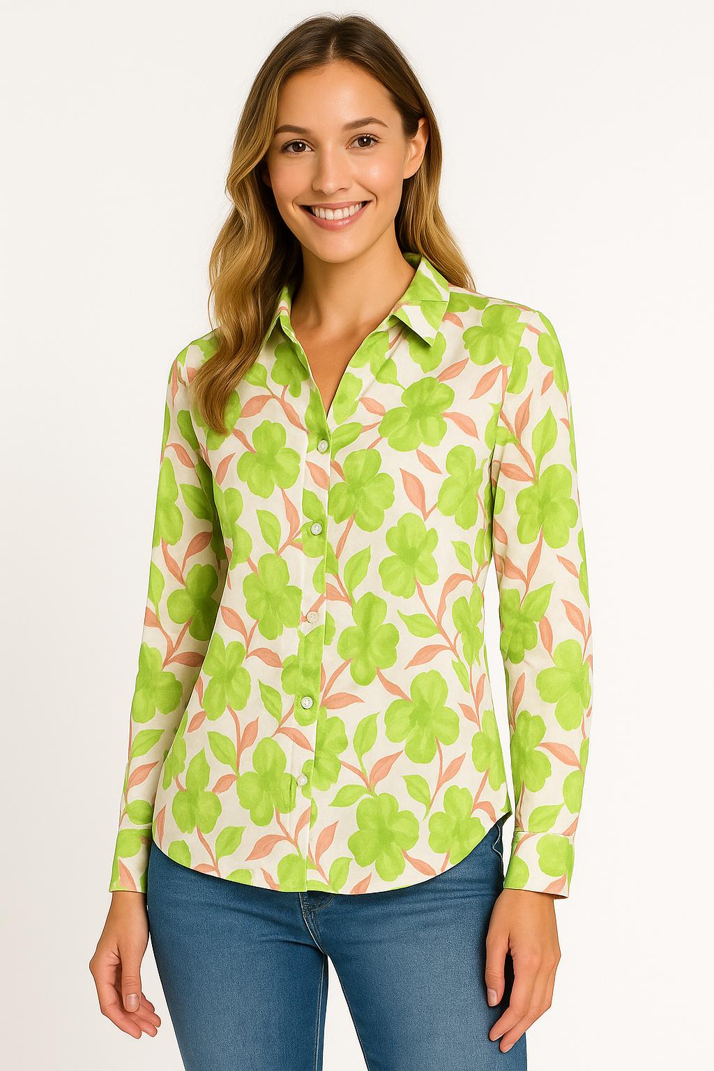 🌿 SOPHYLINE Blouse Lange Mouw – Groene Bloemprint – 100% Katoen – Licht & Zomers – Maten S t/m XL