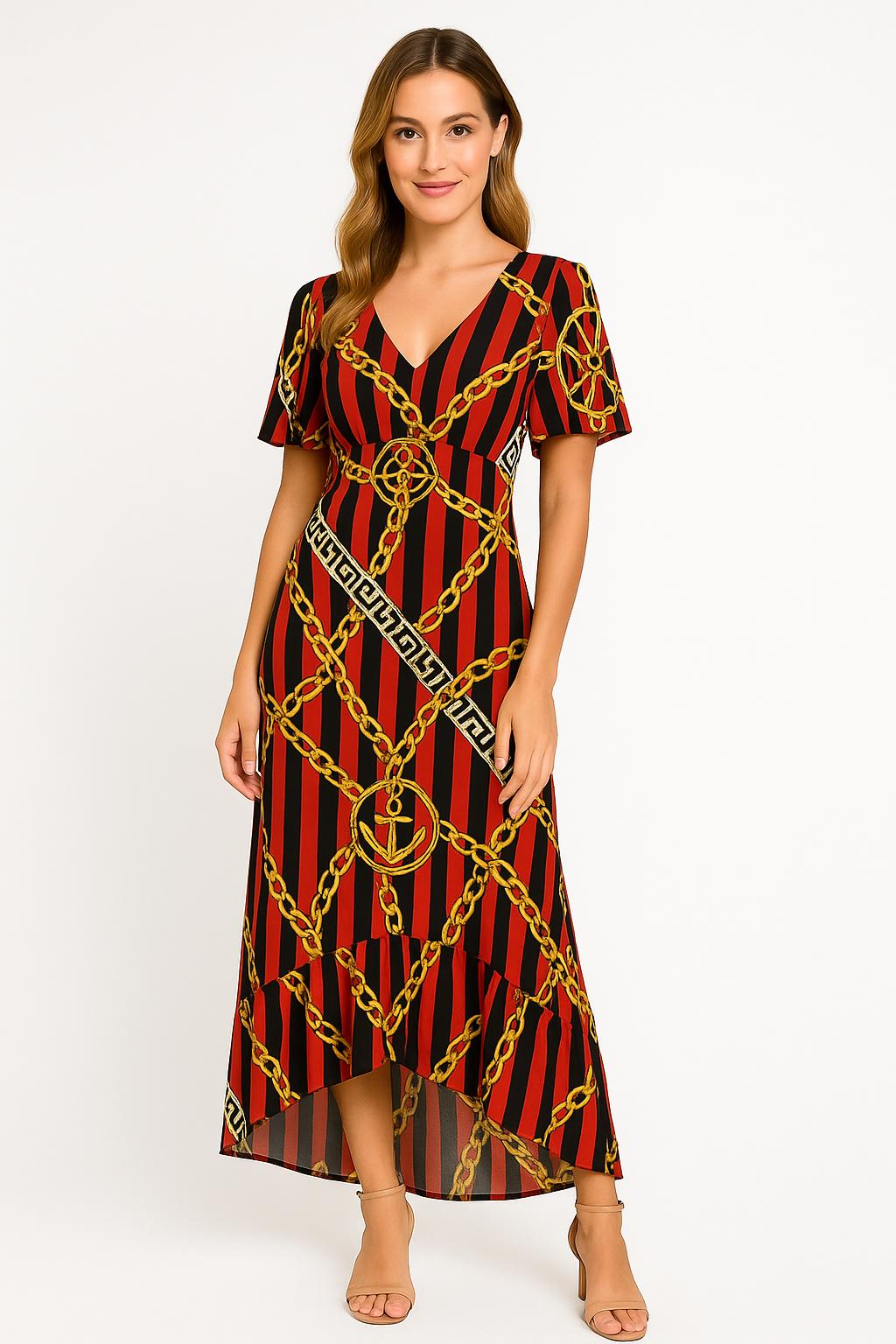 ⛓️ JIMI FEI PARIS – Luxe Maxi Jurk met Kettingprint – One Size – Chique Tailleband – Zomerproof Stretch
