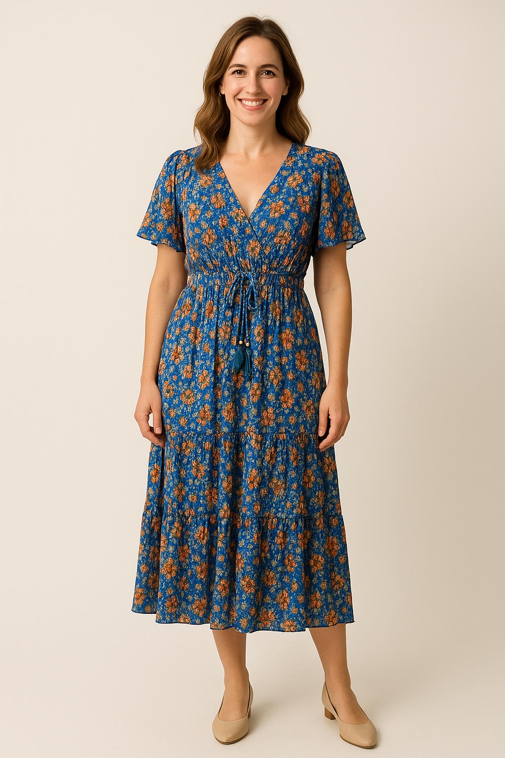 💠 Sensations Paris Maxi Jurk – Indigo Blauw met Oranjebloemen – One Size – Valt Luchtig & Elegant