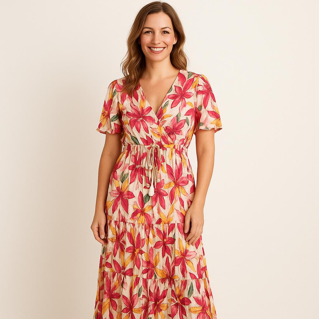 🌸 Sensations Paris Maxi Jurk – Fuchsia Bloemen op Naturel – One Size – Fris & Feminin