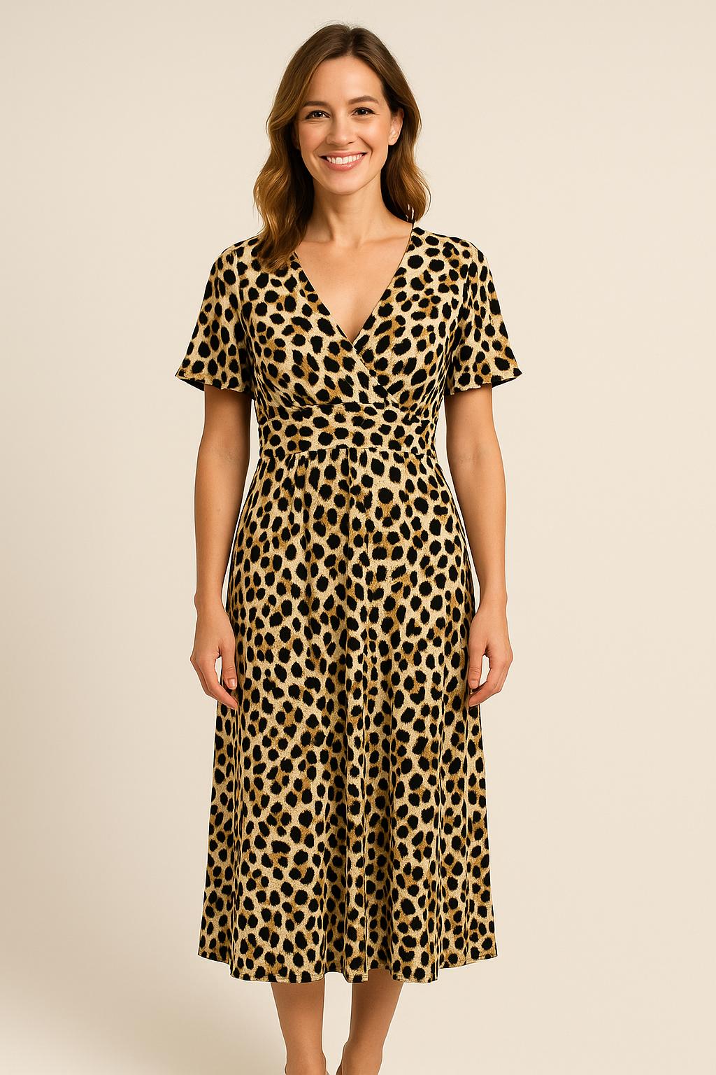 🐆 JIMI FEI PARIS – Maxi Jurk Soft Panther – One Size – Zandkleurige Panterprint met Elegante Tailleband