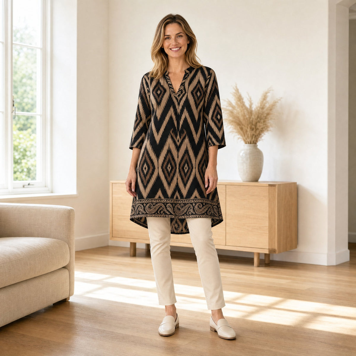 Angelle Milan Travelstof Tuniek - Zwart Taupe Ikatprint