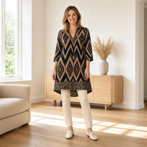 Angelle Milan Travelstof Tuniek - Zwart Taupe Ikatprint