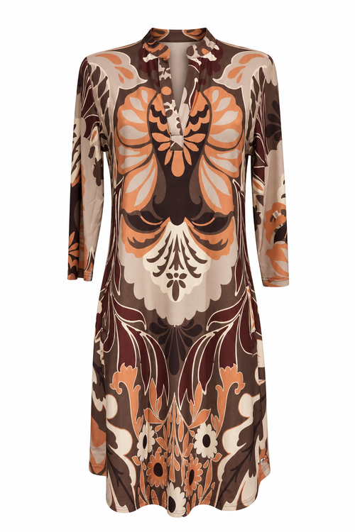 Angelle Milan Travelstof Jurk - Bruin Perzik Ornamentprint