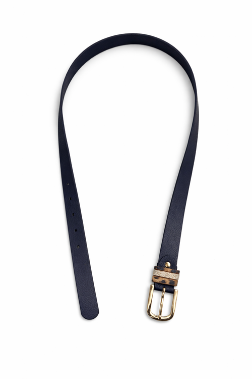 Basic damesriem met zilverkleurige gesp in donkerblauw met panterprint