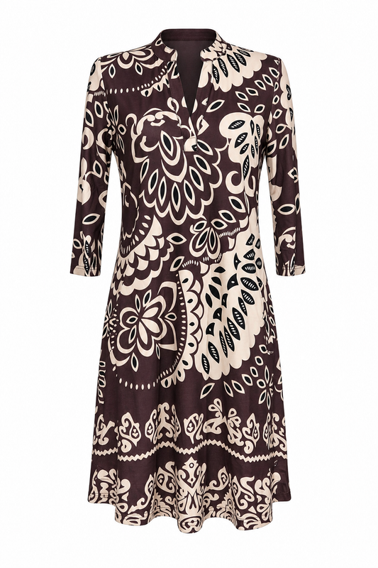 Angelle Milan Travelstof Jurk - Chocolade Crème Botanische Print