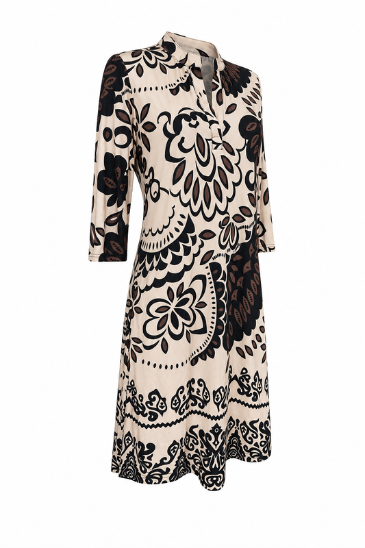Angelle Milan Travelstof Jurk - Crème Zwart Bruin Botanische Print