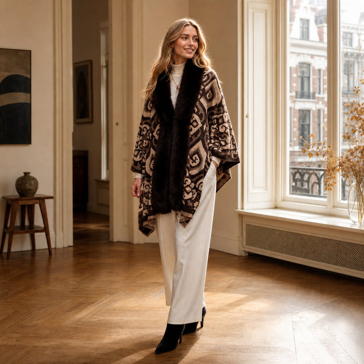 Geometrische Stola met Faux Fur Rand - 60x200 cm