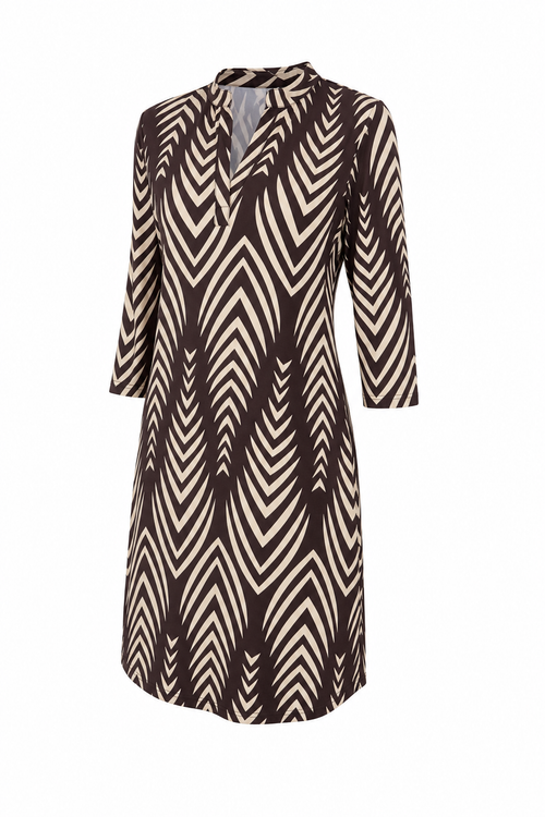 Angelle Milan Travelstof Jurk - Chocolade Crème Chevronprint