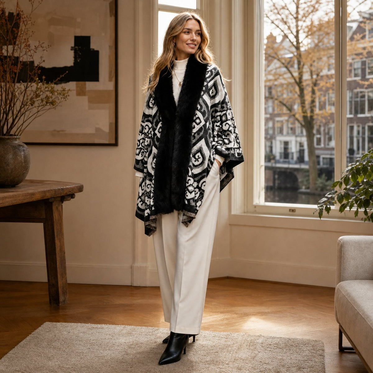 Geometrische Stola met Faux Fur Rand - 60x200 cm