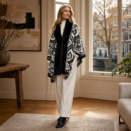 Geometrische Stola met Faux Fur Rand - 60x200 cm