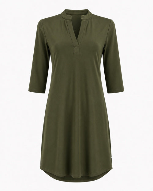 Angelle Milan Travelstof Jurk - Army Groen Effen - Driekwart Mouw