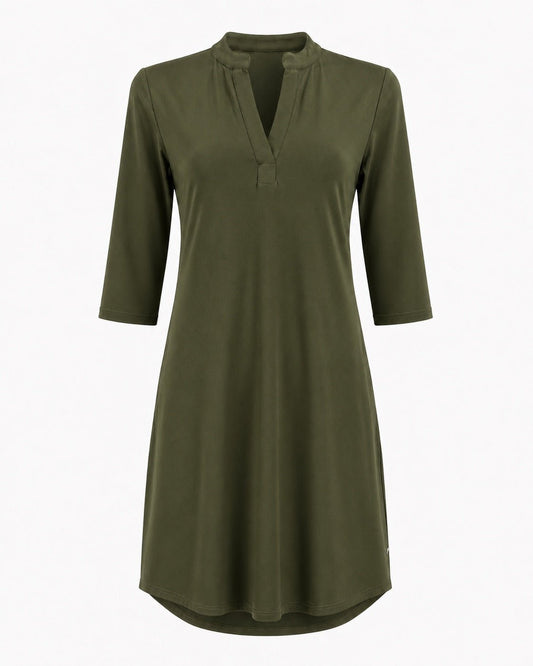 Angelle Milan Travelstof Jurk - Army Groen Effen - Driekwart Mouw