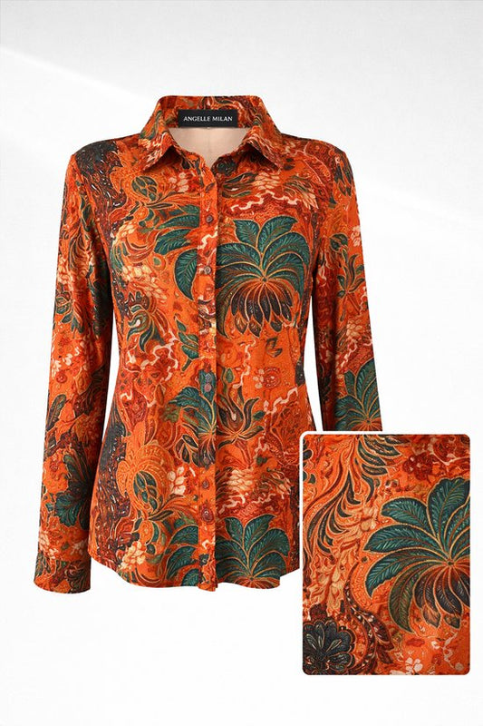 Angelle Milan Oranje Travelstof Blouse Paarse Bloemen