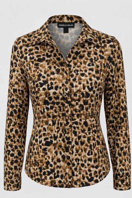 Angi's - Bluse aus Reisestoff - Camel Animal Print - Atmungsaktiv - Knitterfrei - Nachhaltige Bluse