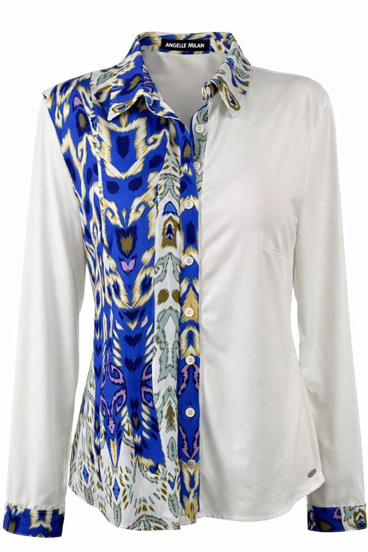Angelle Milan – Bluse aus Reisestoff in 50/50 Blau/Beige für Damen – Reisestoff – Komfort – Bügelfrei – Nachhaltig – In 5 Größen!