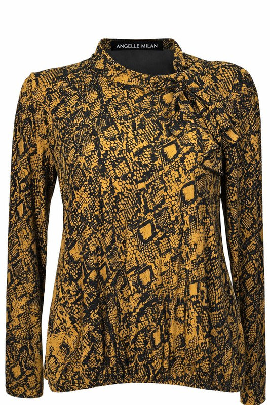 Angelle Milan – Bluse aus Reisestoff – Gelbe Schlangenbluse mit Kordel – Atmungsaktiv – Knitterfrei – Nachhaltige Bluse