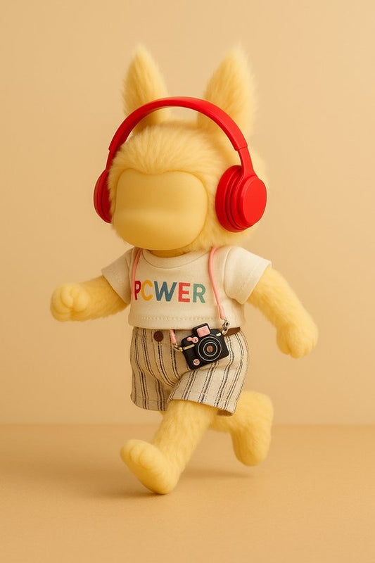 Labubu Outfit -  witte POWER shirt + gestreepte tuinbroek + rode hoofdtelefoon + camera tasje + stickers