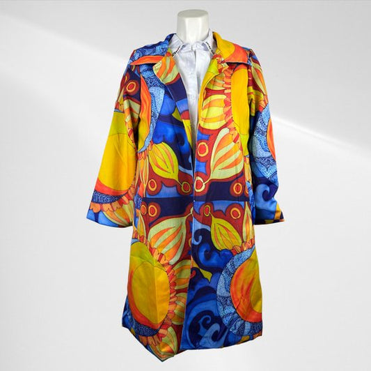Farbenfrohe Künstlerjacke ohne Verschluss - Sonnenblumenmotiv - in 4 Größen!