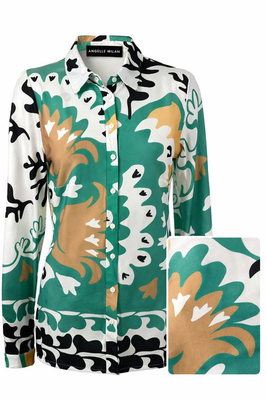 Angelle Milan Travelstof Blouse Groen Zwart/Wit