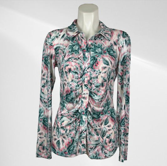 Angelle Milan – Metallic-Pink/Grün-Reisestoffbluse für Damen – Reisestoff – atmungsaktiv – knitterfrei – nachhaltig – in 5 Größen!