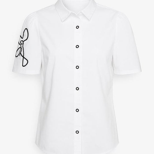 Witte Korte Mouwen Blouse met Zwart Borduursel