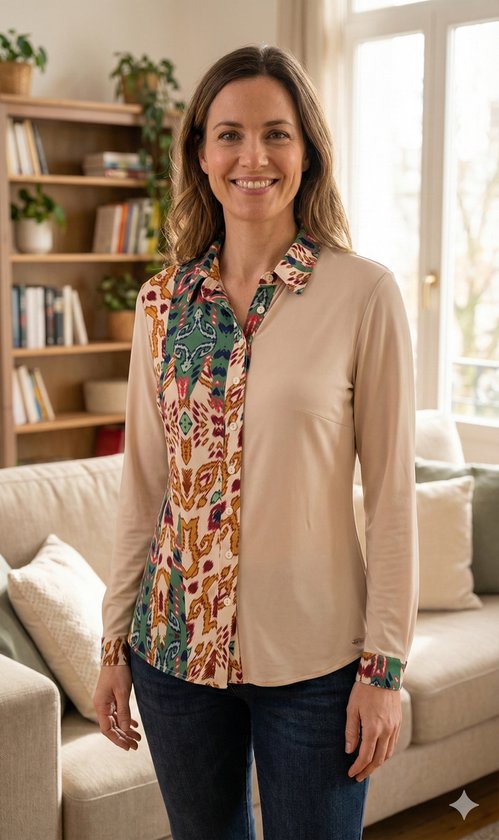 Travelstof Blouse Groen-Beige 50/50