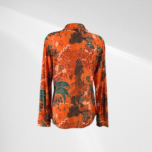 Angelle Milan Oranje Travelstof Blouse Paarse Bloemen