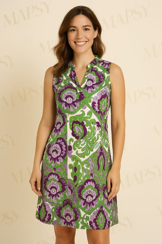 Travelstof Jurk Groen/Paarse Mouwloos
