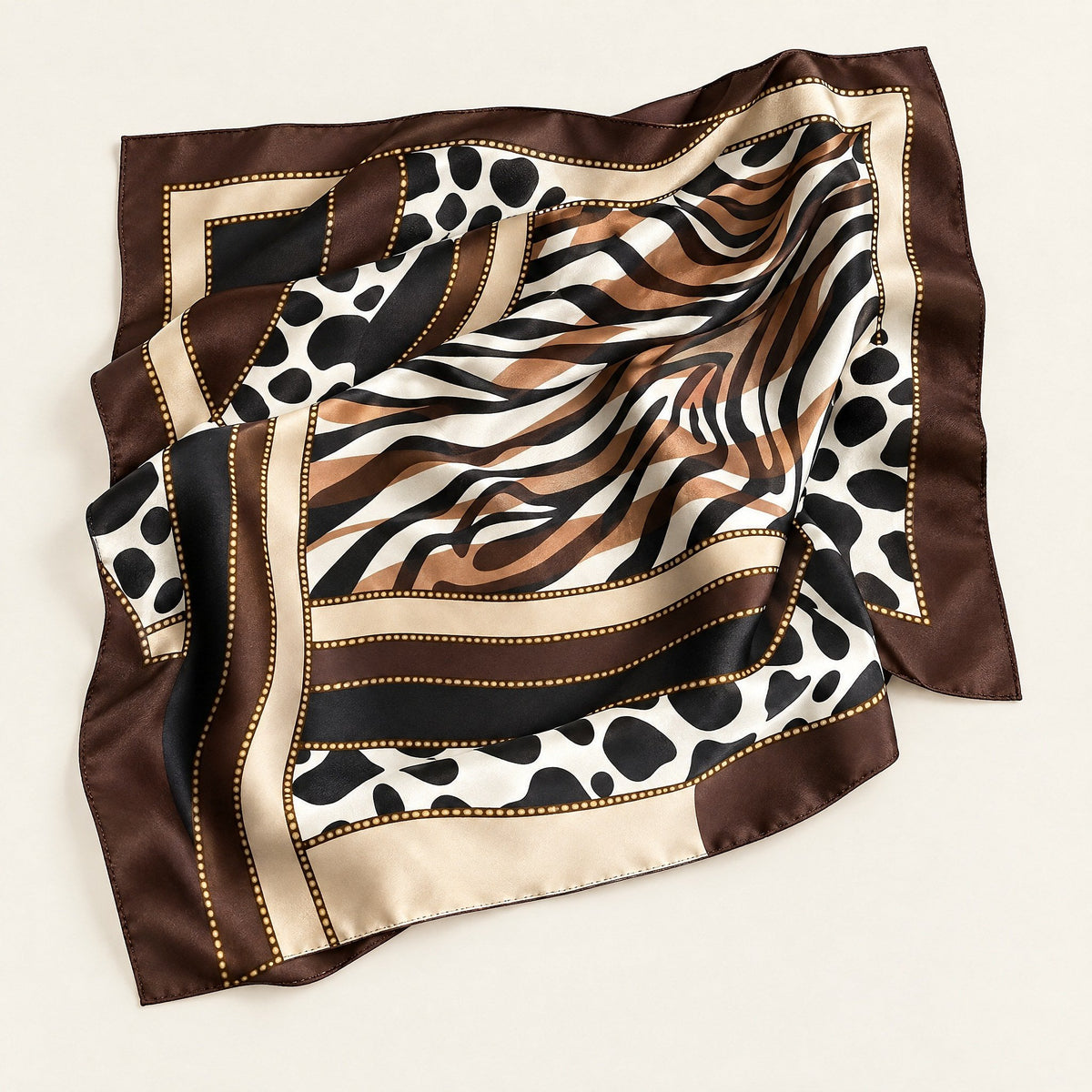 Satijnen Sjaal 70x70 - Bruin Zebra/Koe Patchwork