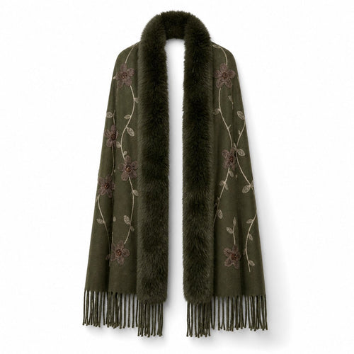 Bloemenstola met Faux Fur Rand en Franjes - 65x180 cm