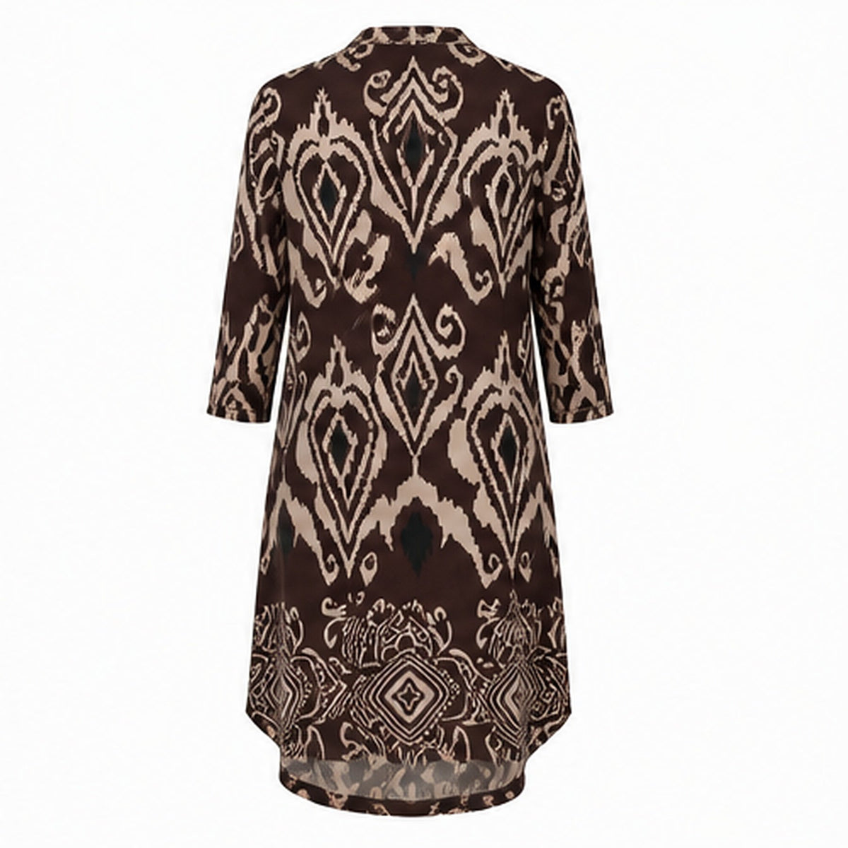 Angelle Milan Travelstof Tuniek - Chocoladebruin Taupe Ikatprint met Zakken