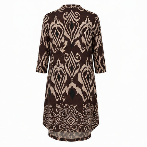 Angelle Milan Travelstof Tuniek - Chocoladebruin Taupe Ikatprint met Zakken