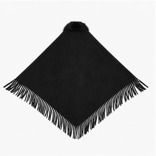 Suedine Driehoek Poncho met Franjes & Faux Fur Kraag