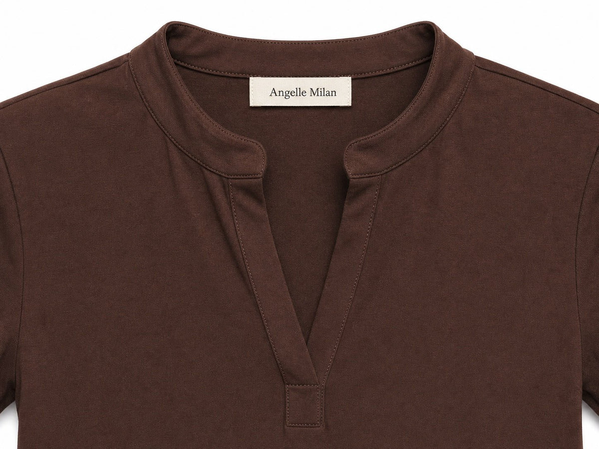 Angelle Milan Travelstof Jurk - Chocoladebruin Effen - Driekwart Mouw